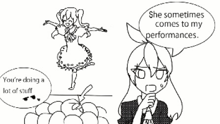 左に「You're doing a lot of stuff.」、右に「She sometimes comes to my preformances.」とセリフが書かれたコミックのワンシーンのイラスト画像。