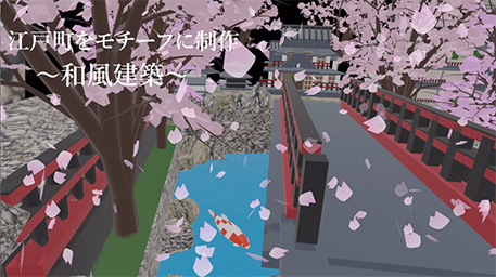 和風建築の街並みに桜が舞い散る3DCGの画像